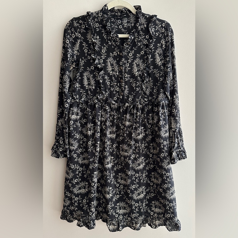 FLAWED The Kooples Rodeo Snake Print Silk Ruffle Dress, Black/Cream, Size Small